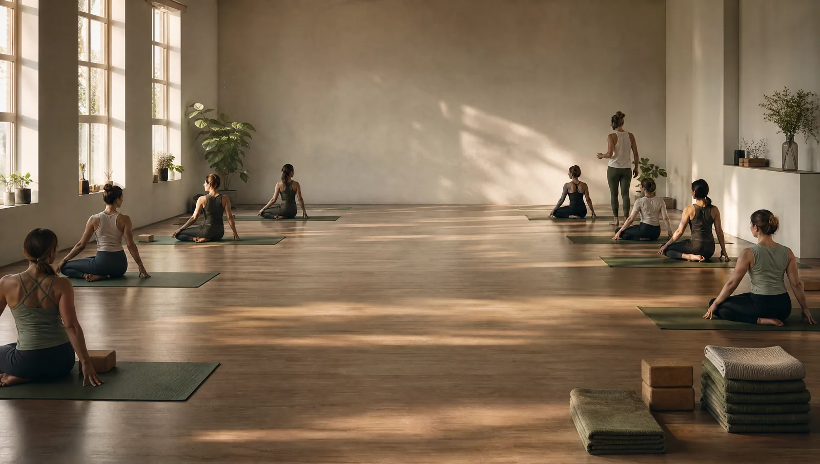 A softly lit yoga studio with eighteen mats laid out on a wood floor, morning light streaming in through tall windows and catching dust in the air, blankets and blocks stacked neatly along one wall.